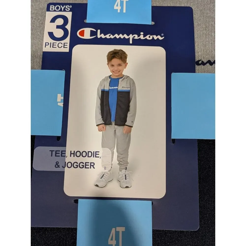 Champion Sweatsuit Boys 4T Gray Navy‎ Blue 3 Piece Joggers Zip Up Hoodie Tshirt